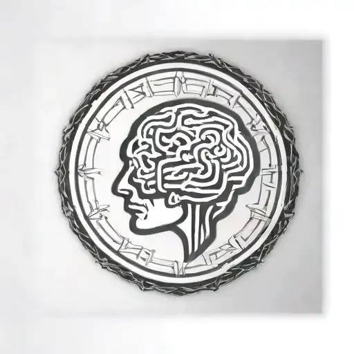 a brain inside a circular frame with geometric patterns shooting from it tattoo design idea