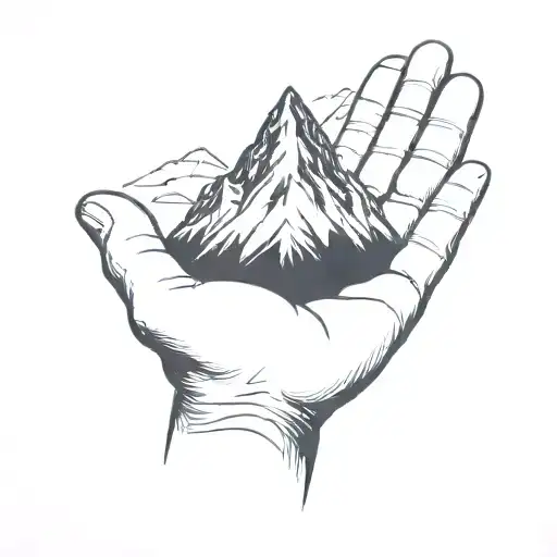 a simple minimalist drawing of a large mountain being cradled in the palm of a human hand tattoo design idea