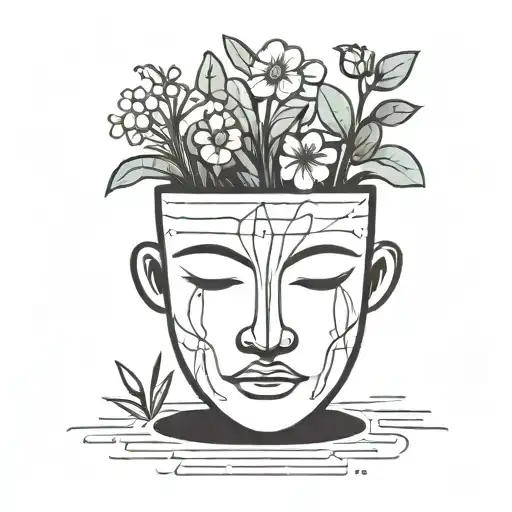 head poking out of a plant pot with soil on top of the head and flowers growing out of it. using thick black lines. tattoo design idea