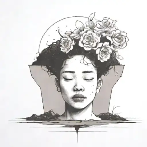 a head poking out of the soil of a muddy grave with soil on top of the head and flowers growing out of the top tattoo design idea