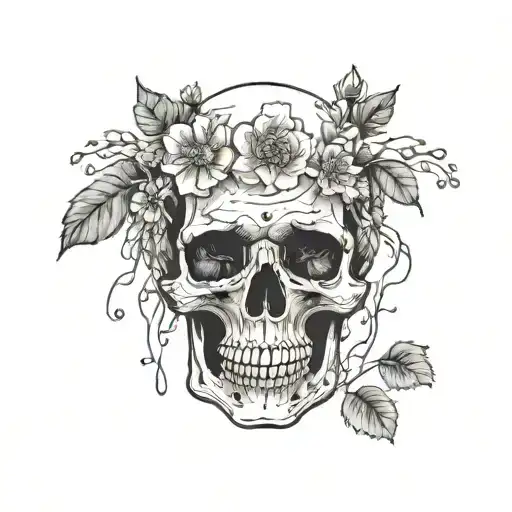 a blank skull face with soil on the head and flowers growing out of the soil tattoo design idea