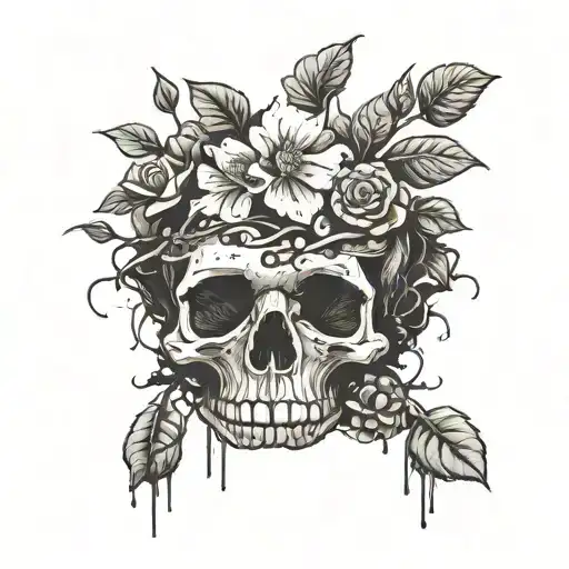 a head poking out of the soil of a muddy grave with soil on top of the head and flowers growing out of the top tattoo design idea
