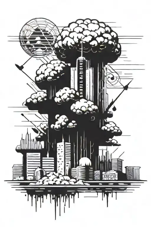 a nuclear explosion mushroom cloud destroying a city using bold black lines and geometric shapes tattoo design idea