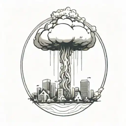 an abstract nuclear explosion mushroom cloud destroying a city in an abstract black line frame tattoo design idea