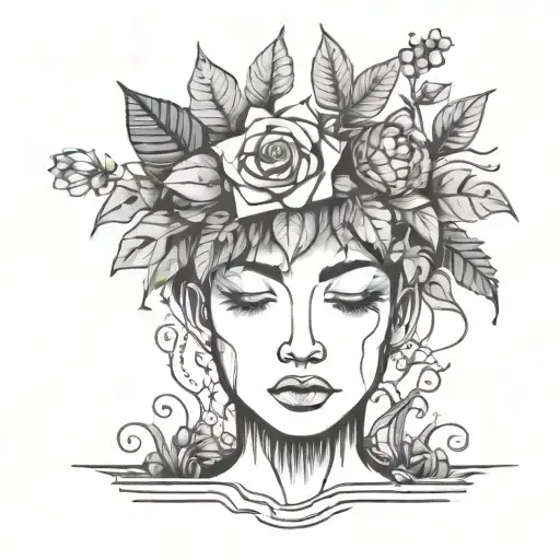 head poking out of a plant pot with soil on top of the head and flowers growing out of it. using thick black lines. tattoo design idea