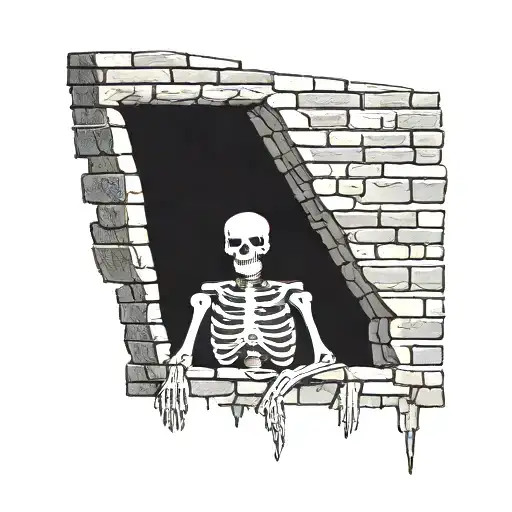 a skeleton hiding and stuck in a brick wall tattoo design idea