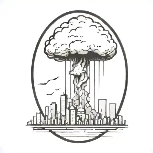 an abstract nuclear explosion mushroom cloud destroying a city in an abstract black line frame tattoo design idea
