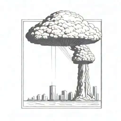 a nuclear explosion mushroom cloud destroying a city in a rectangular picture frame hanging on a wall tattoo design idea