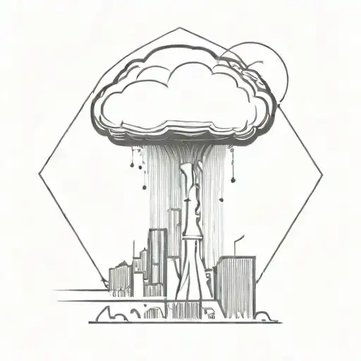 an abstract nuclear explosion mushroom cloud destroying a major city in an abstract black line frame tattoo design idea