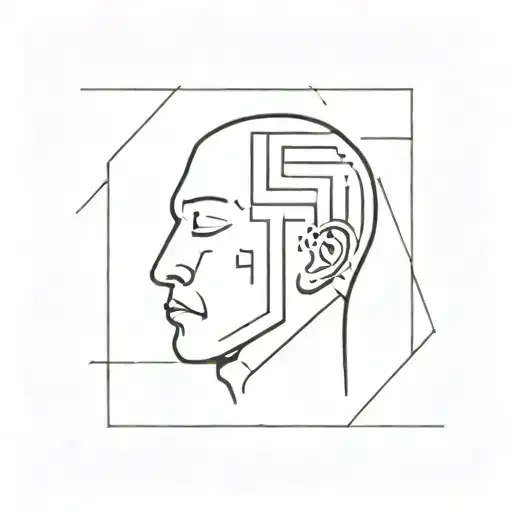 a human head laying back on a pillow with geometric shapes like a maze coming out of the top of his head tattoo design idea
