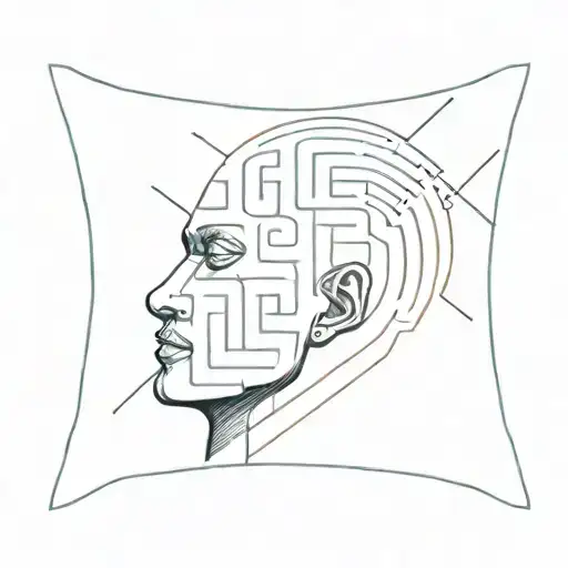 a human head laying back on a pillow with geometric shapes like a maze coming out of the top of his head tattoo design idea