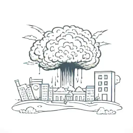 a nuclear explosion mushroom cloud destroying a city in a rectangular picture frame hanging on a wall tattoo design idea