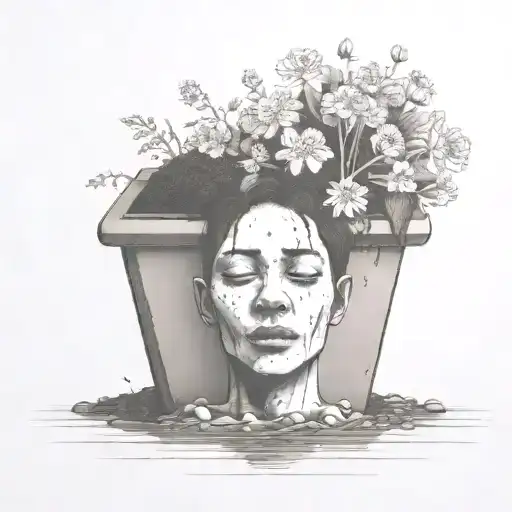 a head poking out of the soil of a muddy grave with soil on top of the head and flowers growing out of the top tattoo design idea