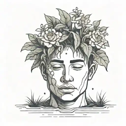head poking out of a plant pot with soil on top of the head and flowers growing out of it. using thick black lines. tattoo design idea