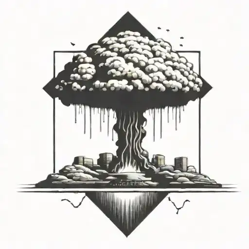 a nuclear explosion mushroom cloud contained within a perfect black square tattoo design idea