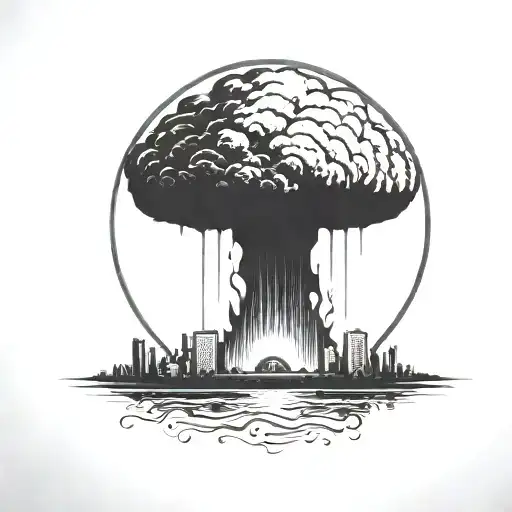 a nuclear explosion mushroom cloud contained within a perfect black circle tattoo design idea