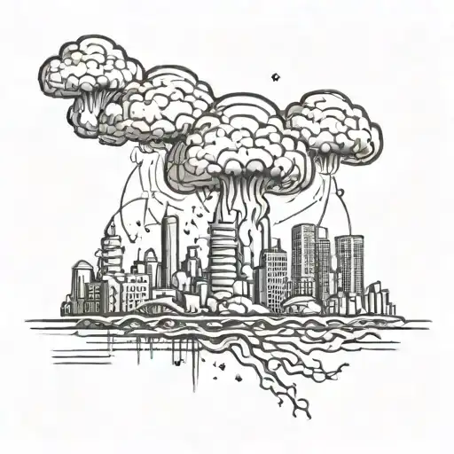 a mushroom cloud from a nuclear explosion destroying a major city within an abstract frame tattoo design idea