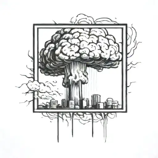 a nuclear explosion mushroom cloud destroying a city in a rectangular picture frame hanging on a wall tattoo design idea