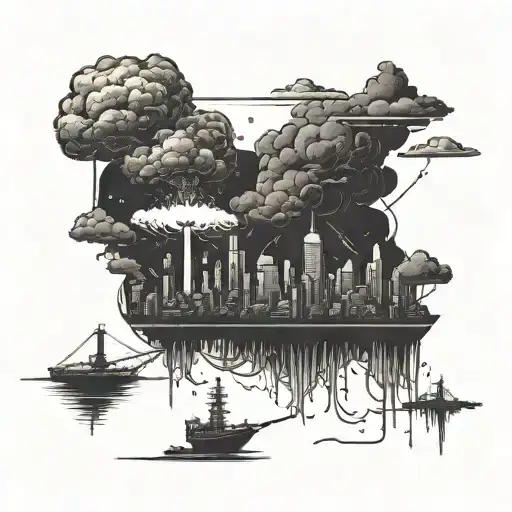 a nuclear explosion mushroom cloud destroying a city in a rectangular picture frame hanging on a wall tattoo design idea