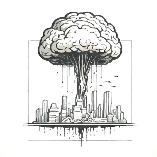 an abstract nuclear explosion mushroom cloud destroying a major city in an abstract black line frame tattoo design idea