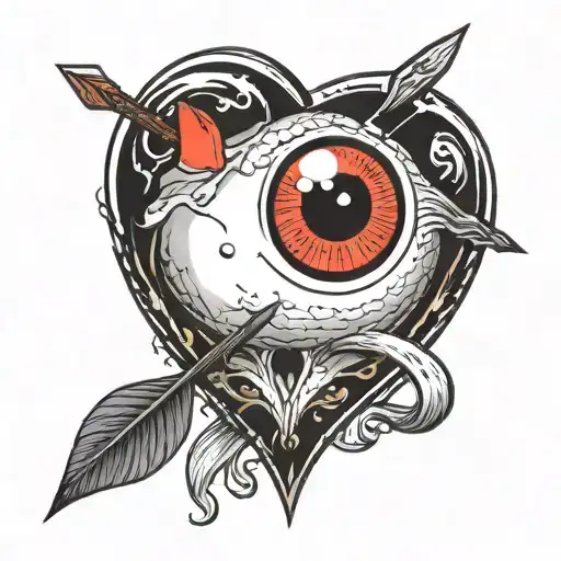 an eyeball with an arrow shooting through it encapsulated in a heart shape black and white tattoo design idea