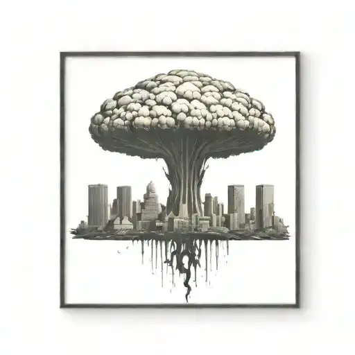 a nuclear explosion mushroom cloud destroying a city in a rectangular picture frame hanging on a wall tattoo design idea