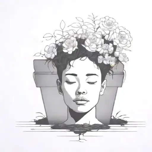 head poking out of a plant pot with soil on top of the head and flowers growing out of it. using thick black lines. tattoo design idea