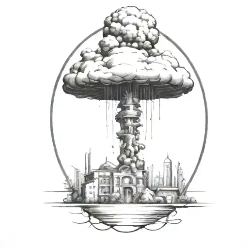 an abstract nuclear explosion mushroom cloud destroying a city in an abstract black line frame tattoo design idea