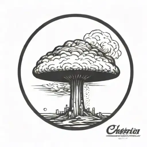 a nuclear explosion mushroom cloud within a perfect black circle tattoo design idea