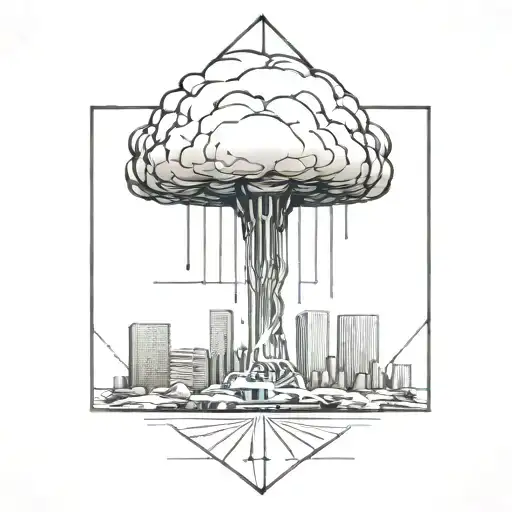 an abstract nuclear explosion mushroom cloud destroying a major city in an abstract black line frame tattoo design idea