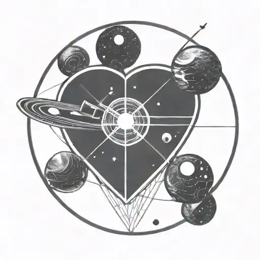 a satellite shaped like a love heart in space enshrouded by a circle tattoo design idea