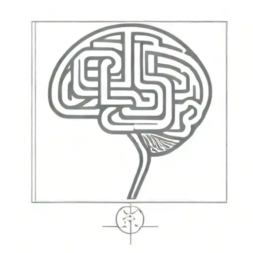 a simple minimalist line drawing of a brain as an elaborate maze in a square frame that connects to the maze tattoo design idea