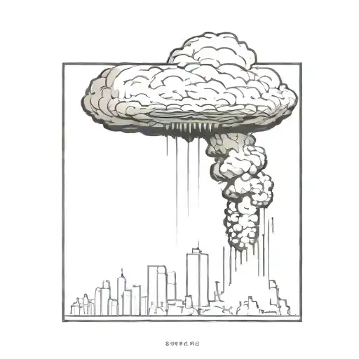 a nuclear explosion mushroom cloud destroying a city in a rectangular picture frame hanging on a wall tattoo design idea