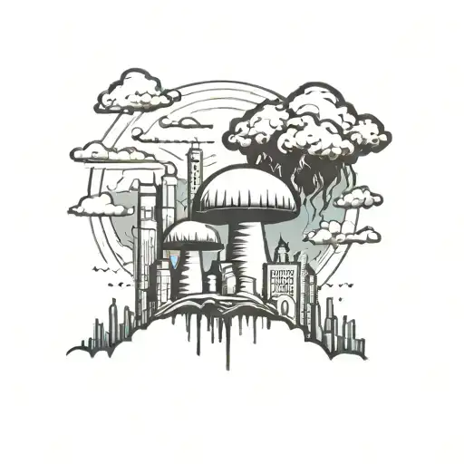 a mushroom cloud from a nuclear explosion destroying a major city within an abstract frame tattoo design idea