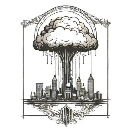 an abstract nuclear explosion mushroom cloud destroying a major city in an abstract black line frame tattoo design idea