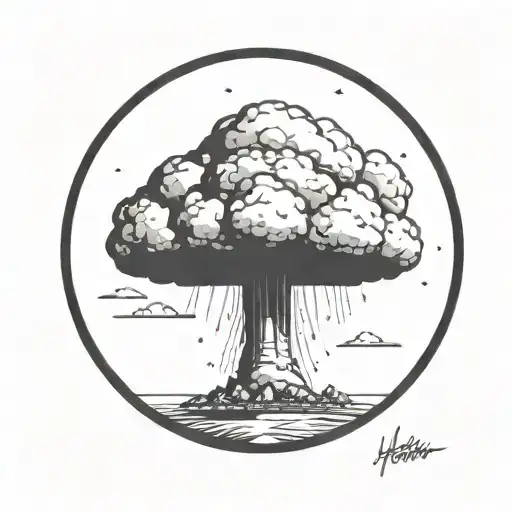 a nuclear explosion mushroom cloud within a perfect black circle tattoo design idea