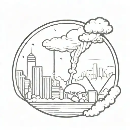 a nuclear explosion mushroom cloud destroying a city in a picture frame tattoo design idea