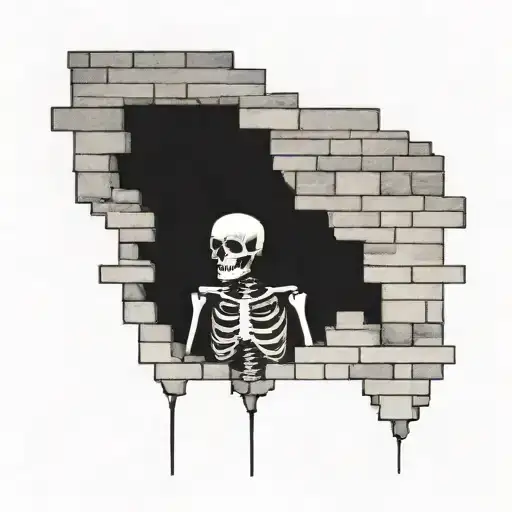 a skeleton hiding and stuck in a brick wall tattoo design idea