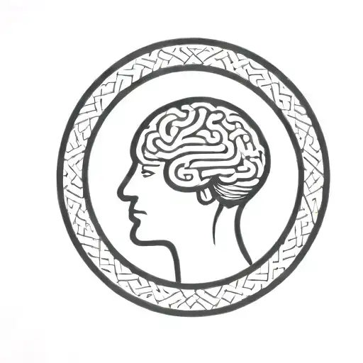 a brain inside a simple thick black line circular frame with geometric patterns shooting from it tattoo design idea
