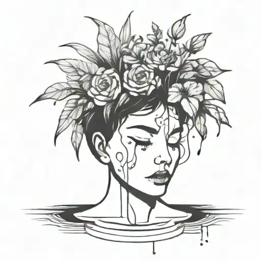 head poking out of a plant pot with soil on top of the head and flowers growing out of it. using thick black lines. tattoo design idea