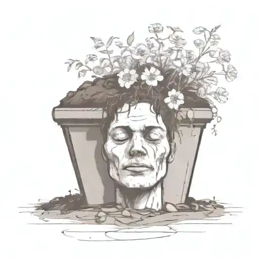 a head poking out of the soil of a muddy grave with soil on top of the head and flowers growing out of the top tattoo design idea