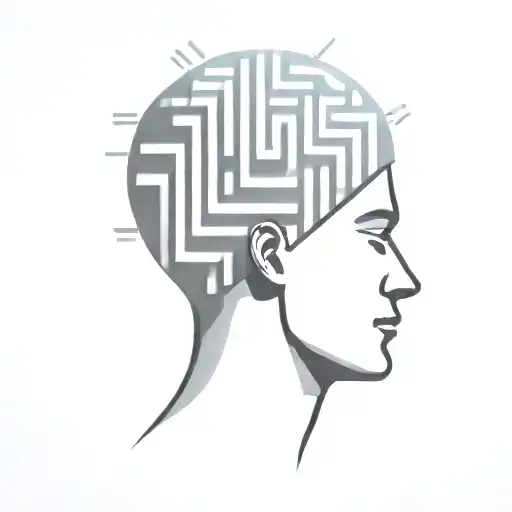 a human head laying back on a pillow with geometric shapes like a maze coming out of the top of his head tattoo design idea