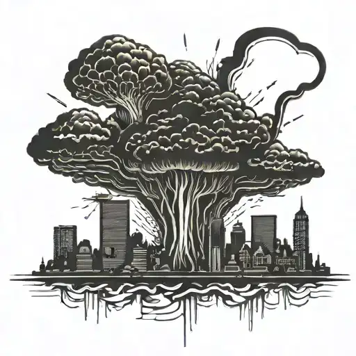 a mushroom cloud from a nuclear explosion destroying a major city within an abstract frame tattoo design idea