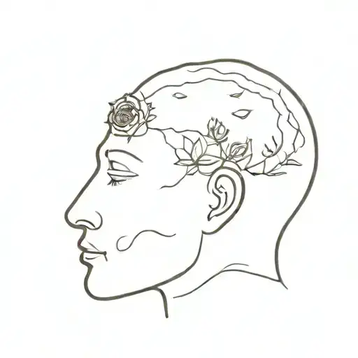 a head poking out of the soil of a muddy grave with soil on top of the head and flowers growing out of the top tattoo design idea