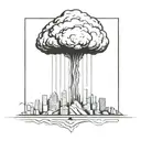 an abstract nuclear explosion mushroom cloud destroying a major city in an abstract black line frame tattoo design idea