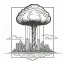 an abstract nuclear explosion mushroom cloud destroying a major city in an abstract black line frame tattoo design idea