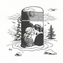 one thermos flask surrounded by deep snow, wedged into the snow. the flask has a picture of a kissing couple on it tattoo design idea