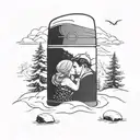 one thermos flask surrounded by deep snow, wedged into the snow. the flask has a picture of a kissing couple on it tattoo design idea