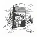 one thermos flask surrounded by deep snow, wedged into the snow. the flask has a picture of a kissing couple on it tattoo design idea