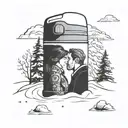 one thermos flask surrounded by deep snow, wedged into the snow. the flask has a picture of a kissing couple on it tattoo design idea